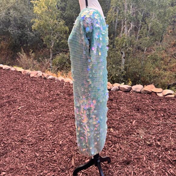 Vintage Norma Kamali dress sequined sequin teal Turquoise mermaid sz L paillete - Picture 6 of 17